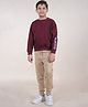 Kiddopanti Fleece Full Sleeves Brand Name Printed Cut & Sew Sweatshirt With Solid Joggers Set - Maroon & Beige