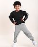 Kiddopanti Fleece Full Sleeves Brand Name Printed Hooded Sweatshirt With Solid Joggers Set - Black & Grey Melange