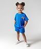 Bonfino Cotton Knit Half Sleeves T-Shirt & Shorts Set With Heart Embroidery & Embossed Print - Blue