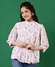 ISHTI Georgette Three Fourth Bishop Sleeves Floral Printed & Pleat Detailed Top - Pink