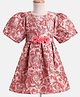 Primo Gino Woven Half Sleeves Jacquard Party Dress With Floral Applique - Coral