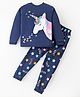 Unicorns Cotton Full Sleeves Unicorn & Stars Printed Coordinating Tee & Pajama Set - Navy Blue