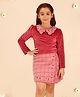 Cutecumber Velvet  Full Sleeves  Embroidered Top And Checked Wrap Skirts Set - Rust