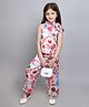 Taffykids Satin Sleeveless Scarf Neck Floral Printed A Line Top & Coordinating Pant Set - Multi Colour