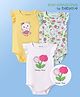 Babyoye 100% Cotton Knit Frill Sleeves Eco Jiva Finish Onesies with Kitty & Floral Print Pack of 3 - Yellow White & Light Green