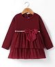 Little Kangaroos Fur Woven Full Sleeves Winter Frocks With Bow Applique - Maroon