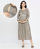 Dummy Shape Three Fourth Sleeves Striped Maternity Flared Kurta With Nursing Access & Abstract Embroidered Attached Belt - Brown
