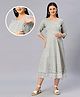 Dummy Shape Three Fourth Sleeves Textured Lace Work Detailed Flared Maternity Kurta With Concealed Zipper Nursing Access - Grey