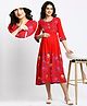 Dummy Shape Three Fourth Sleeves Floral Printed Flared Maternity Kurta With Concealed Zipper Nursing Access - Red