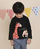 Polka Tots Cotton Full Sleeves Giraffe & Elephant Printed Tee - Black