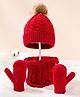 Priaansha Creation Woollen Knot Detailed Knitted Solid Pom Pom Cap Muffler & Gloves Set - Maroon