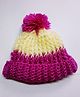 Knits & Knots Woollen Blend Colour Blocked Handmade Cap - Cream & Magenta