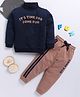 TOONYPORT Cotton Full Sleeves Text Embroidered Sweatshirt With Side Taped Joggers Set - Navy Blue