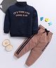 TOONYPORT Cotton Full Sleeves Text Embroidered Sweatshirt With Side Taped Joggers Set - Navy Blue