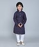 Little Clothing Cotton Linen Full Sleeves Floral Printed Kurta Churidar Set - Navy Blue