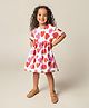 Primo Gino Cotton Knit Half Drop Shoulder Sleeves Dress With Strawberry Print - White