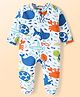 Babyhug Cotton Knit Full Sleeves Footed Sleep Suit With Fish Print - White & Blue