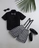 Jeet Ethnics Half Sleeves Solid Shirt With Checked Shorts Bow & Suspender Set - Grey & Black