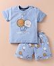 Mini Taurus Cotton Knit Half Sleeves Striped T-Shirt & Shorts Set With Animal & Vehicle Print - Blue