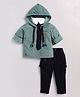 LITTLE COLLARS Cotton Full Sleeves Car Printed Collar Attached Hooded Tee & Pant With Tie Set - Green