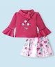 Enfance Full Bell Sleeves Flowers Embroidered & Printed Top With Flared Skirt - Dark Pink