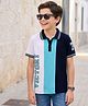 Kookie Kids Cotton Knit Half Sleeves Cut & Sew Polo T-Shirt with Tipping On Collar & Text Print - Navy Blue