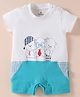 Child World Interlock Knit Half Sleeves Romper With Animal Print - White & Turquoise