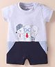 Child World Interlock Knit Half Sleeves Romper With Animal Print - White & Navy Blue