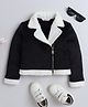 Taffykids Full Sleeves Colour Blocked Fur Detailed Crop Winter Jacket - Black & White