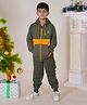 Kiddopanti Fleece Full Sleeves Front Zip Up Cut And Sew Hooded Sweatshirt With Joggers - Military Green & Mustard