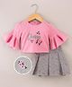 Enfance Half Bell Sleeves Floral Applique Checked Typography Printed Top With Pleated Skirt Set - Pink
