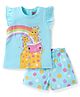 Babyhug Cotton Knit Frill Sleeves Shorts Night Suit with Giraffe & Polka Dots Print - Light Blue