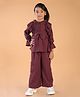 Nature Nook Kids Cotton Full Bell Sleeves Bow Applique & Frill Detailed Top & Pant Set - Wine