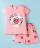 Smarty Girls Cotton Knit Half Sleeves Top & Shorts Set With Strawberry Print - Pink