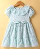 Smarty Girls Textile Knit Puffed Sleeves Frock with Floral Print & Bow Applique - Light Blue