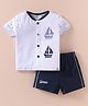 First Smile Interlock Knit Half Sleeves Shorts Night Suit with Boat Print Stripes & Patch - White & Navy Blue