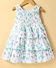 Dew Drops Chiffon Woven Sleeveless Butterfly Printed Frock with Hearts Applique & Smocking - Aqua Blue