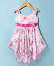 Dew Drops Chiffon Woven Sleeveless Frock with Floral Print & Floral Applique - Pink