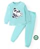 BLUSHES 100% Cotton Knit Full Sleeves Panda & Rabbit Printed Night Suit Set - Sea Green