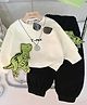 Googo Gaaga Cotton Knit Full Sleeves Light Winter Dinosaur Patch Embroidered Sweatshirt & Joggers Set - Cream