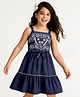 Arias Woven Sleeveless Dress with Fabric Belt and Floral Embroidery -Navy Blue