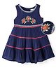 EARTHY TOUCH Crinkled Rayon Woven Sleeveless Flared Ethnic Dress With Floral Embroidery - Navy Blue