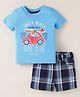 Simply Premium Cotton Knit Half Sleeves T-Shirt & Checks Shorts Set With Surfing Print - Blue