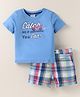 Simply Premium Cotton Woven Half Sleeves T-Shirt & Checks Shorts Set With Car Print - Light Blue
