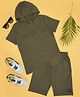 Pantaloons Junior Cotton Half Sleeves Freestyle Text Printed Hoodie & Shorts Set - Deep Olive Green