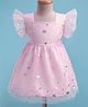 Saka Designs Satin Woven Frill Sleeves Party Dress With Star Glitter Print - Pink
