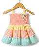 Dew Drops Cotton Woven Sleeveless Checks Frock With Smocked Yoke & Floral Applique - Peach