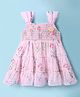 Dew Drops Chiffon Woven Sleeveless Tiered Frock with Floral Print & Smocking - Pink