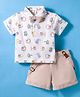 ToffyHouse Cotton Knit Half Sleeves Teddy Bear Printed Party T-Shirt & Shorts Set With Bow & Suspender - Light Red & White