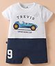 First Smile Sinker Knit Half Sleeves Romper with Car Print - Navy Blue & White